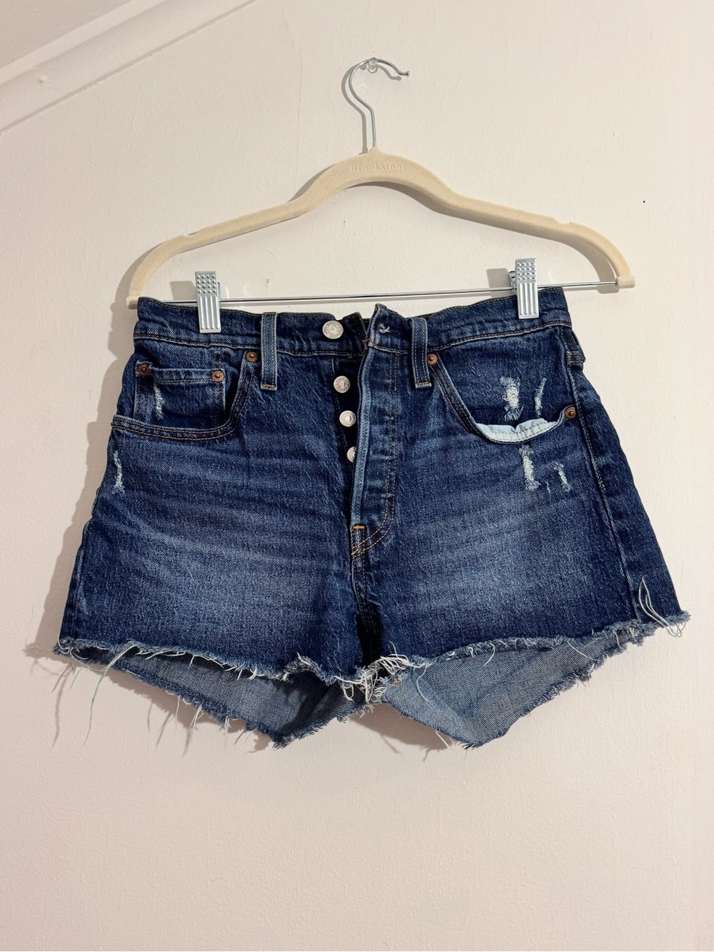 Levi's Dark Blue Distressed Button-Fly Denim Shorts